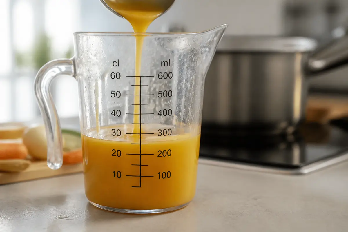 Verre doseur avec liquide jaune, échelle graduée, fond flou avec aliments, cuisine moderne.