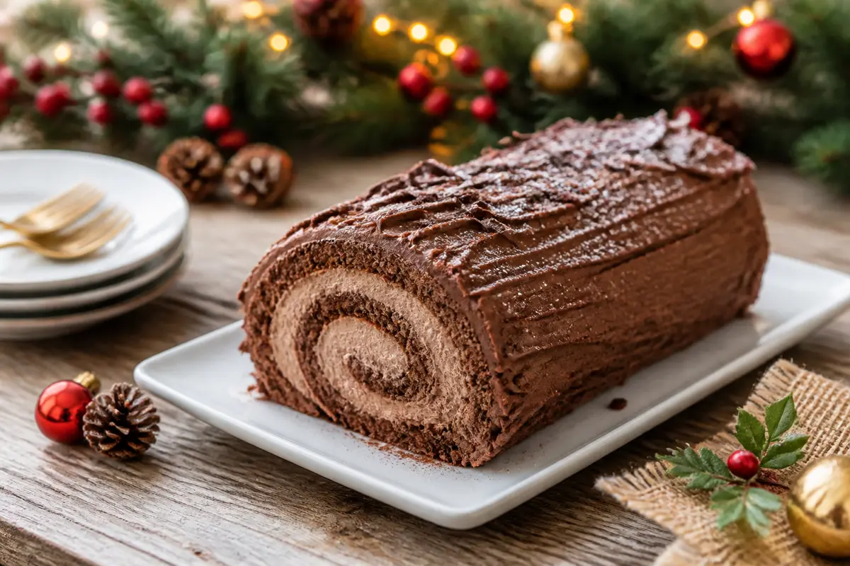 Bûche de Noël au chocolat sur assiette blanche, décorations festives en arrière-plan.