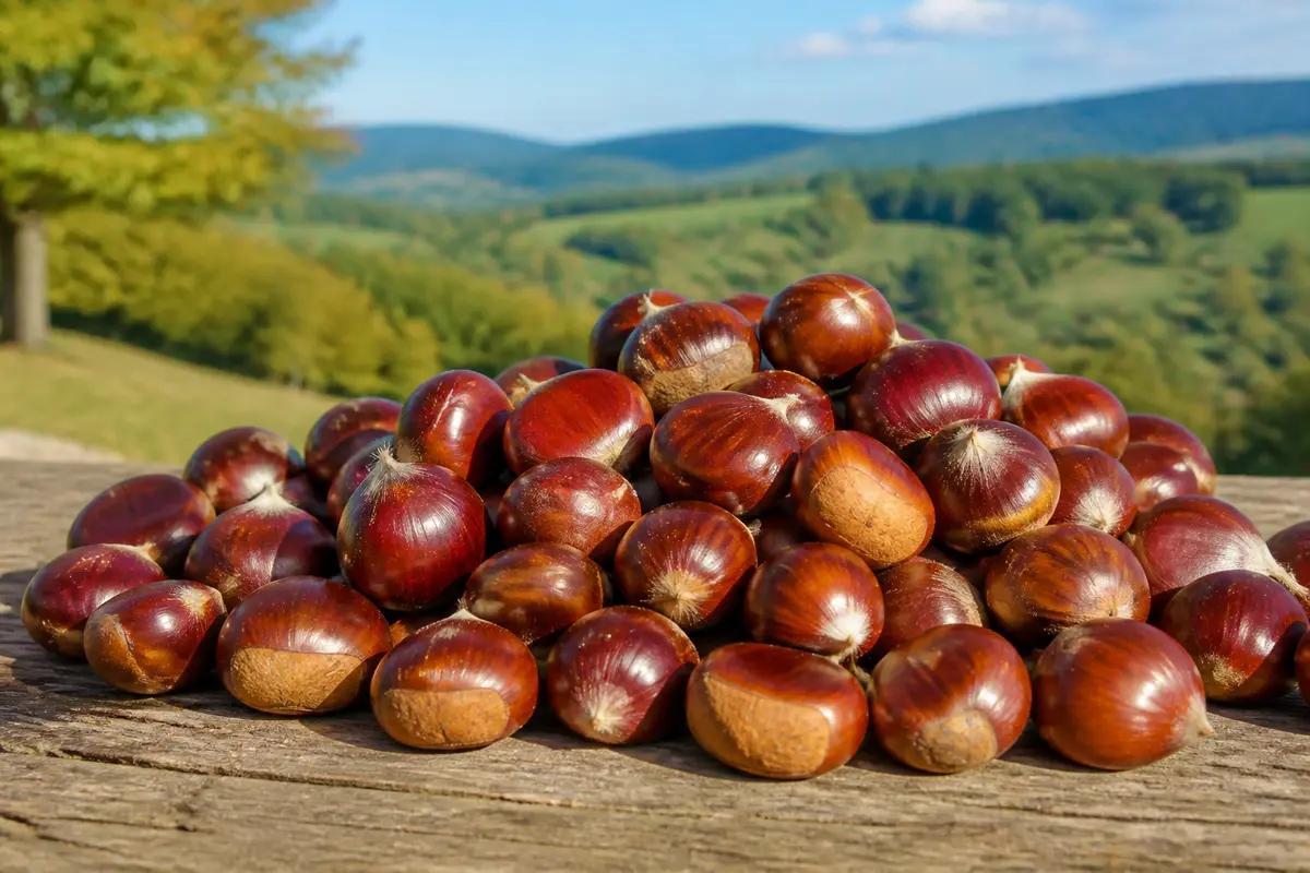 Tas de châtaignes posées sur une table en bois avec paysage vallonné en arrière-plan.