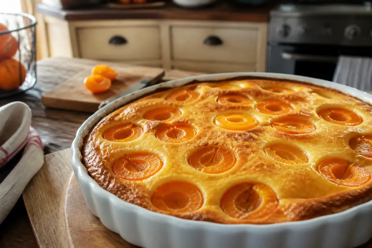 Tarte aux abricots cuite dans un moule en céramique, sur un plan de travail en bois.