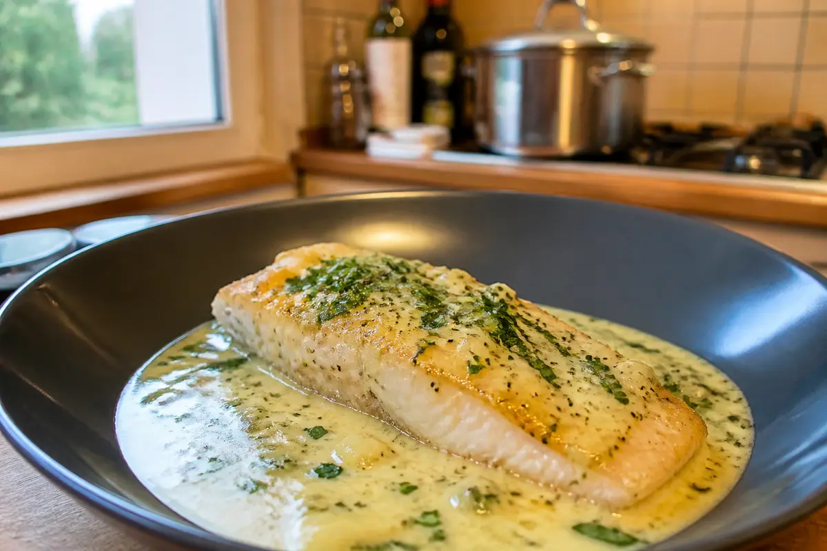 Plat de saumon poêlé servi dans une sauce crémeuse, décoré de fines herbes fraîches, en cuisine.