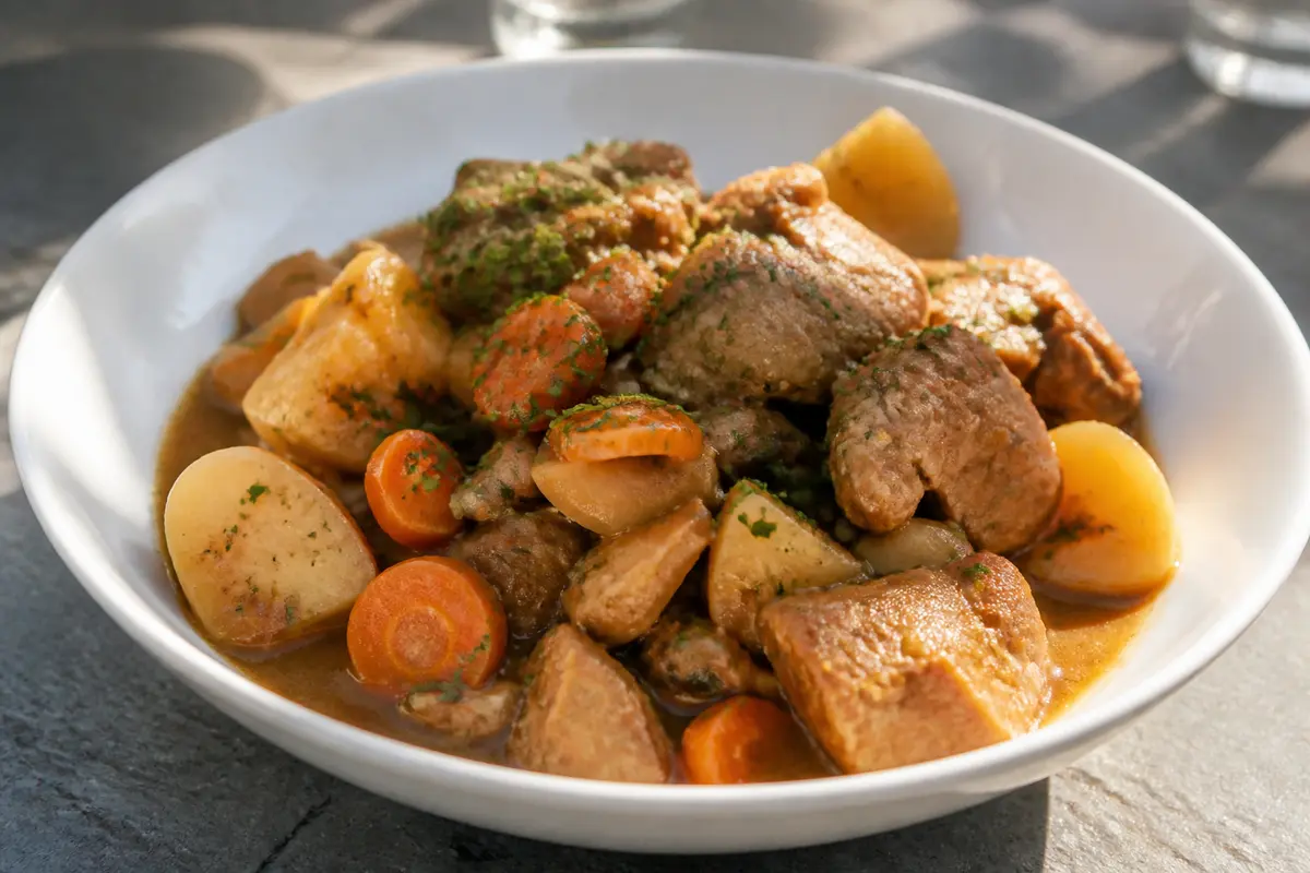 Assiette de ragoût de viande avec carottes et pommes de terre, servie dans un bol blanc.