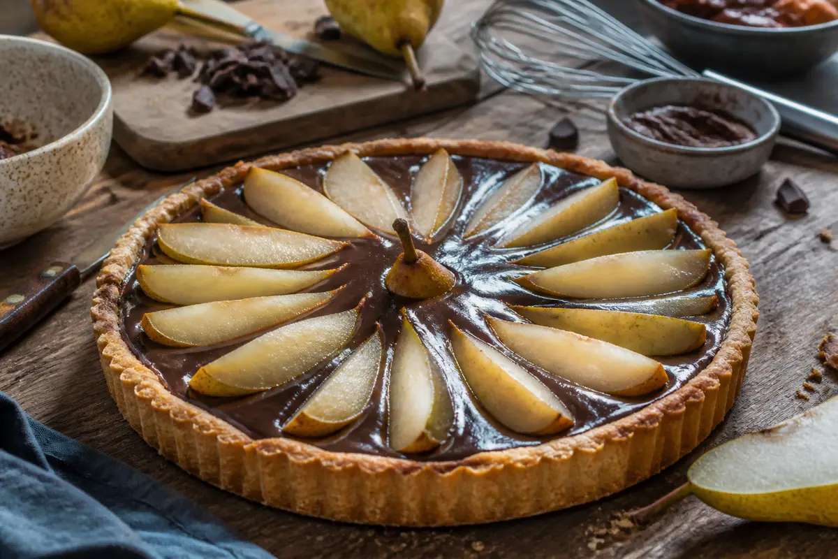 Tarte au chocolat garnie de poires, entourée d'ingrédients sur une table en bois.